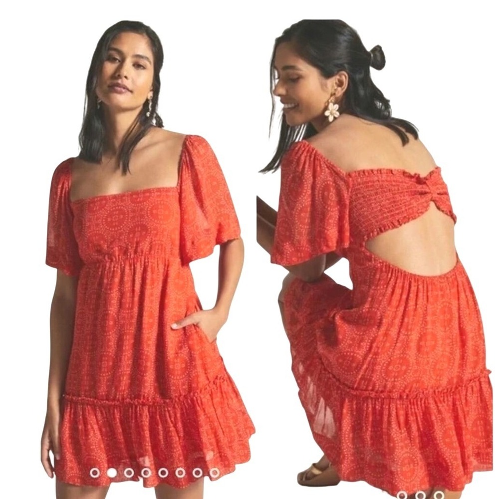 Maeve by Anthropologie Red‎ Square Neck Tiered Ruffle Mini Dress S Open Back